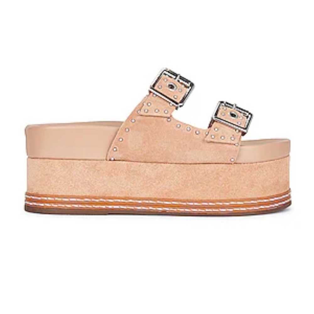 Schutz X Revolve Sirah Flatform Slide Womens 8.5B Beige Excellent Studded Suede